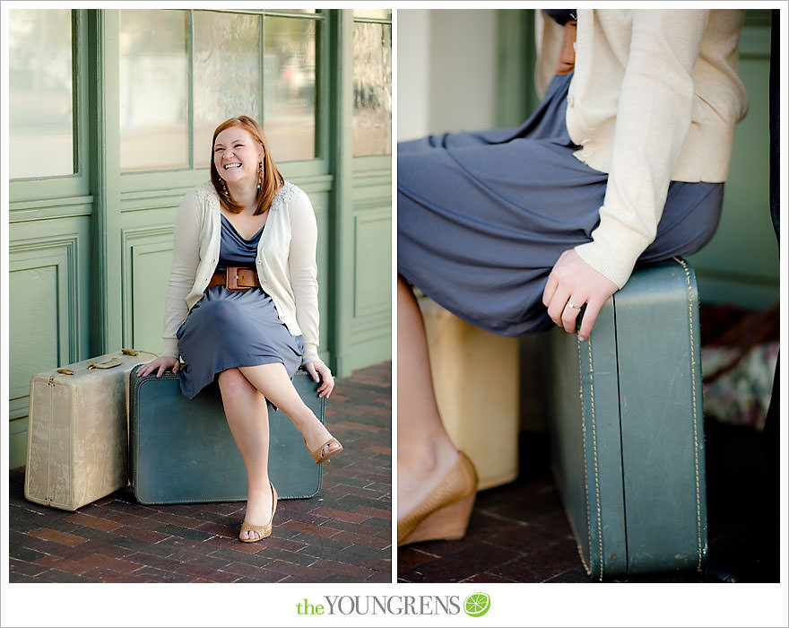 travel themed engagement session, san diego engagement session, engagement session with suitcases, san diego downtown engagement session, train station engagement session