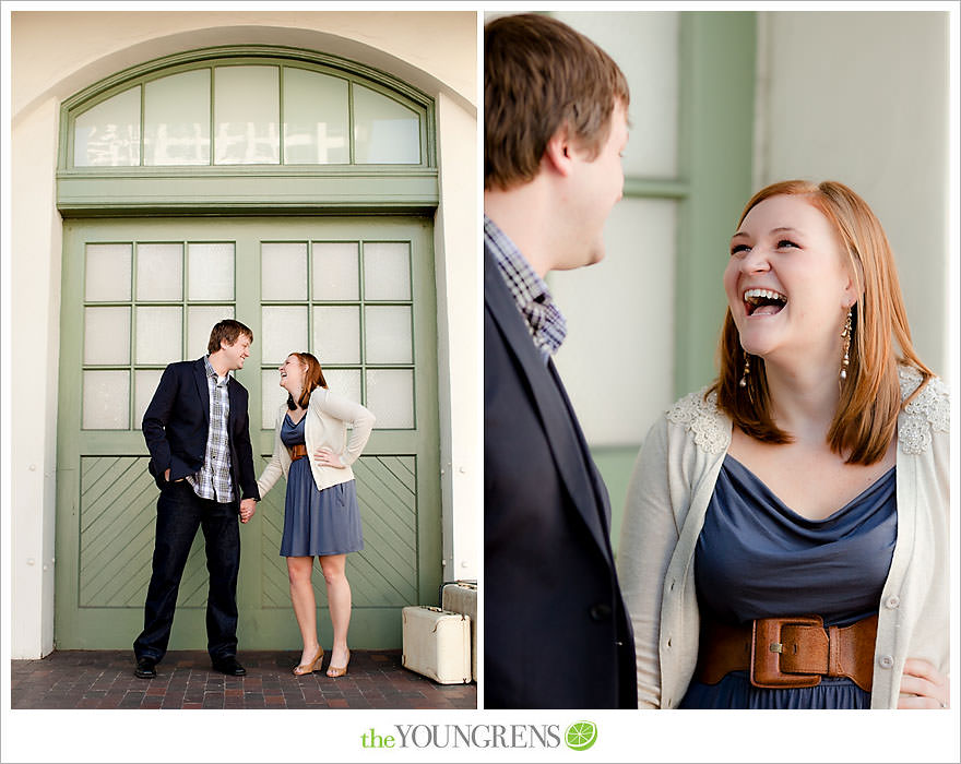 travel themed engagement session, san diego engagement session, engagement session with suitcases, san diego downtown engagement session, train station engagement session