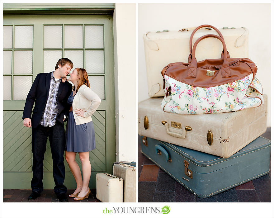 travel themed engagement session, san diego engagement session, engagement session with suitcases, san diego downtown engagement session, train station engagement session