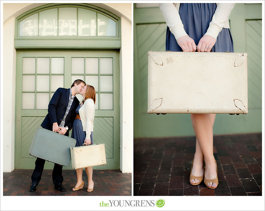 travel themed engagement session, san diego engagement session, engagement session with suitcases, san diego downtown engagement session, train station engagement session