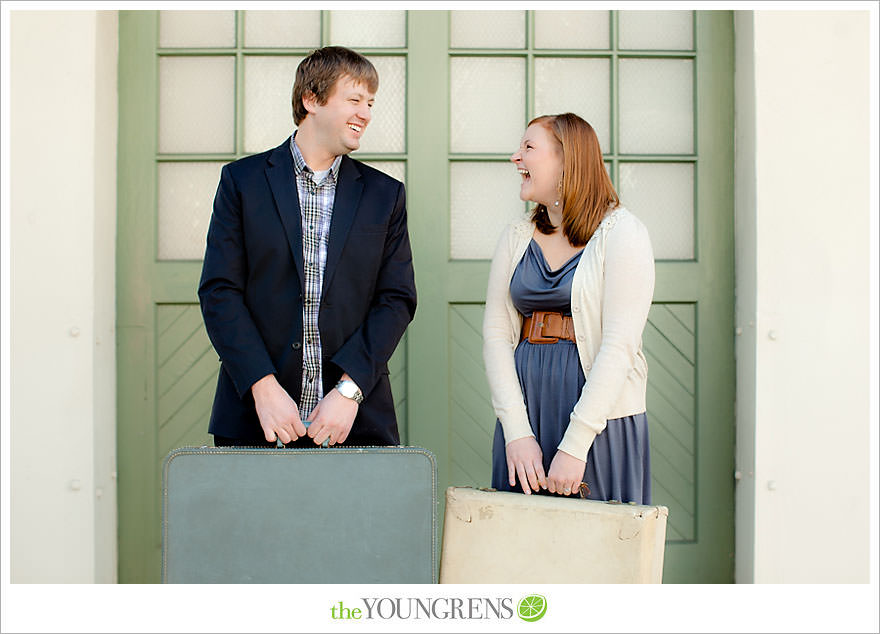 travel themed engagement session, san diego engagement session, engagement session with suitcases, san diego downtown engagement session, train station engagement session