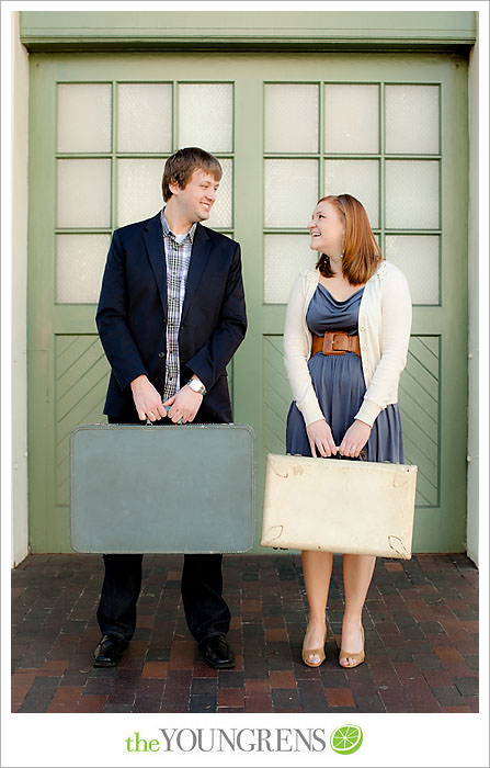 travel themed engagement session, san diego engagement session, engagement session with suitcases, san diego downtown engagement session, train station engagement session