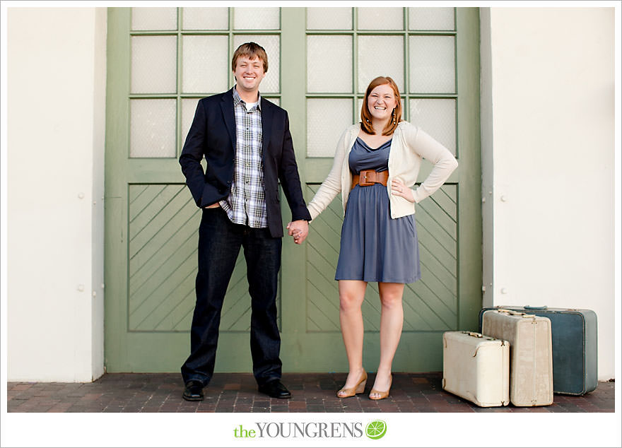 travel themed engagement session, san diego engagement session, engagement session with suitcases, san diego downtown engagement session, train station engagement session