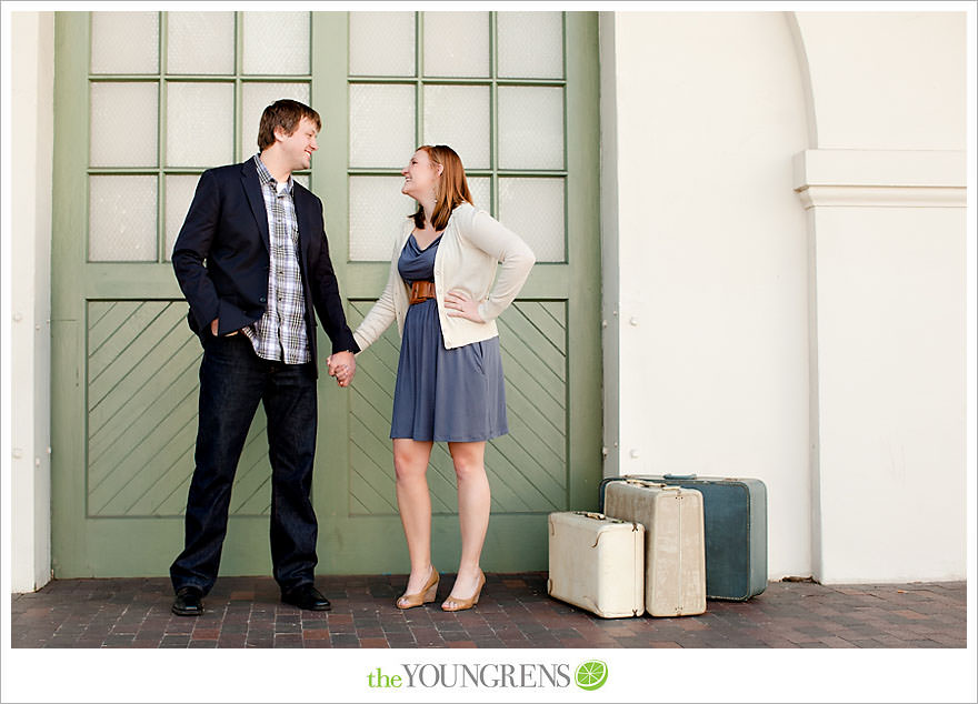 travel themed engagement session, san diego engagement session, engagement session with suitcases, san diego downtown engagement session, train station engagement session
