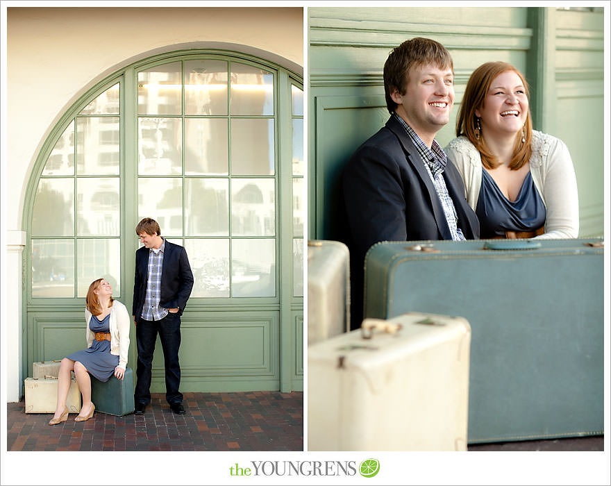 travel themed engagement session, san diego engagement session, engagement session with suitcases, san diego downtown engagement session, train station engagement session