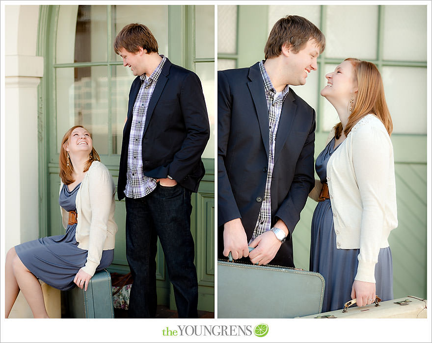 travel themed engagement session, san diego engagement session, engagement session with suitcases, san diego downtown engagement session, train station engagement session