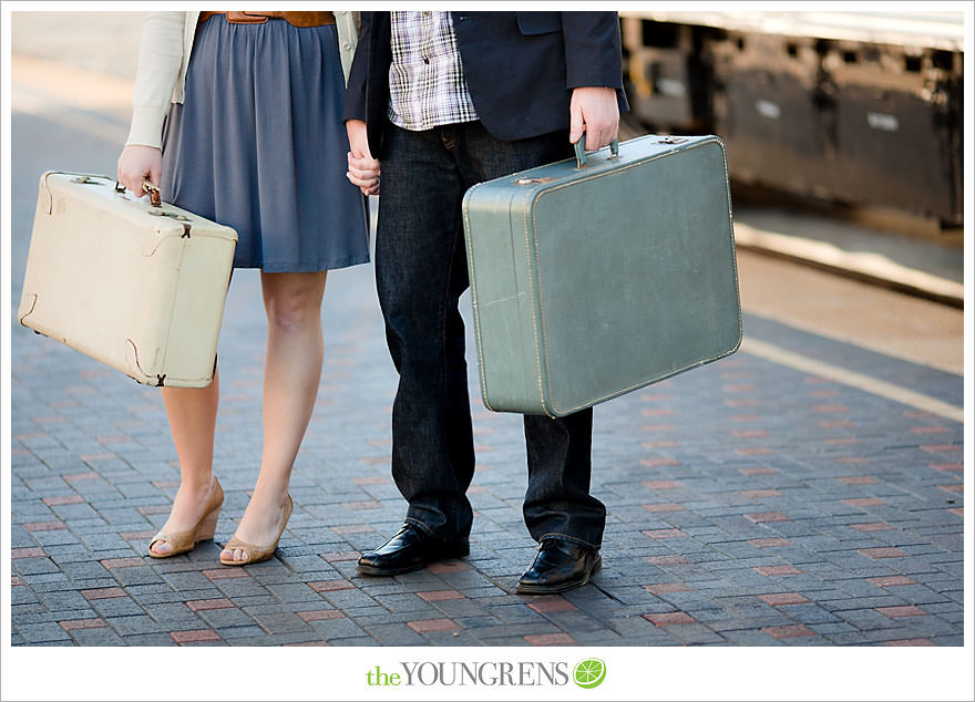 travel themed engagement session, san diego engagement session, engagement session with suitcases, san diego downtown engagement session, train station engagement session