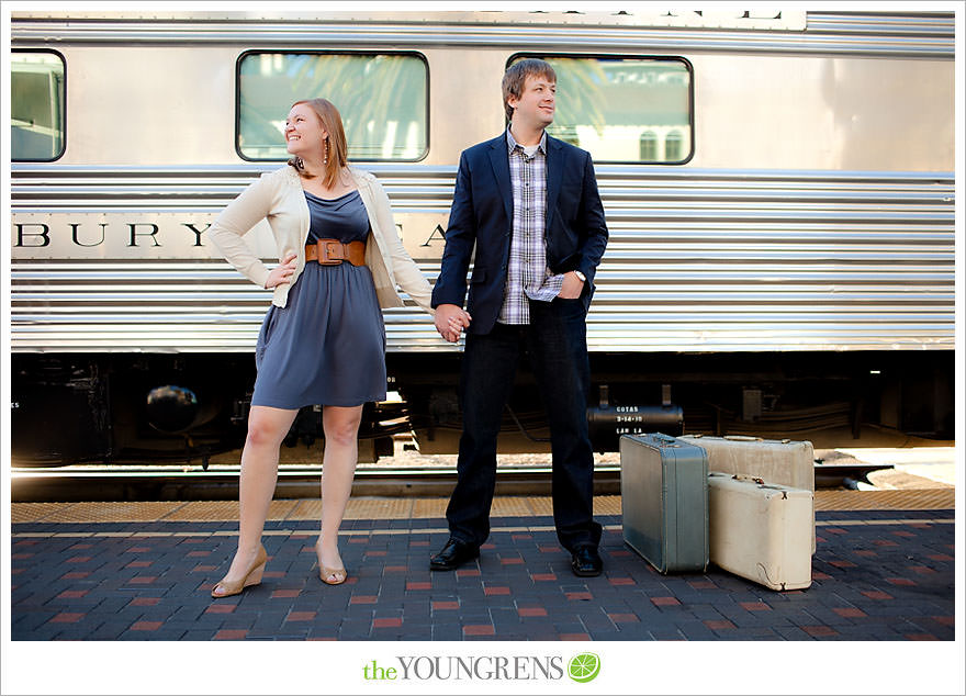 travel themed engagement session, san diego engagement session, engagement session with suitcases, san diego downtown engagement session, train station engagement session