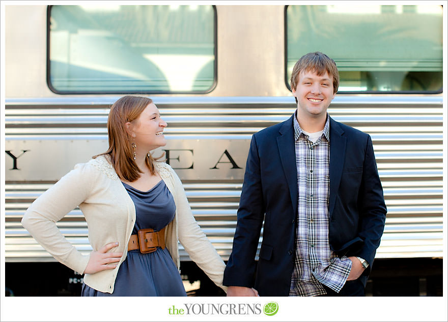 travel themed engagement session, san diego engagement session, engagement session with suitcases, san diego downtown engagement session, train station engagement session