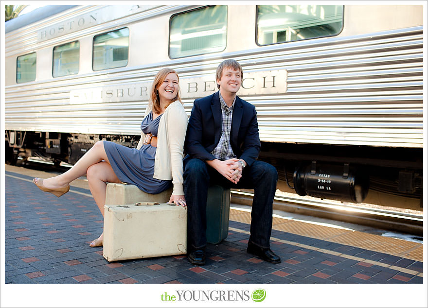 travel themed engagement session, san diego engagement session, engagement session with suitcases, san diego downtown engagement session, train station engagement session