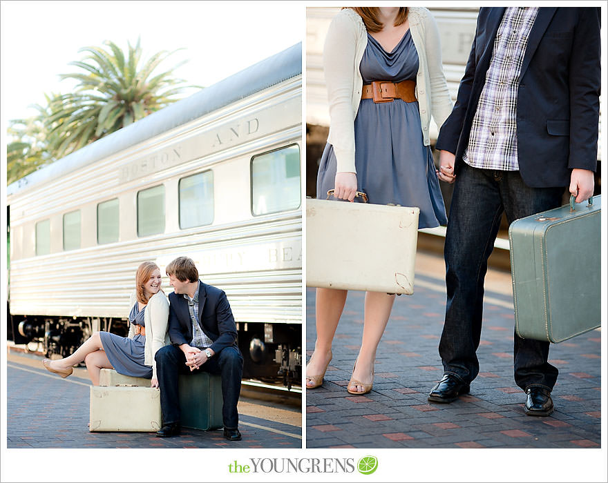 travel themed engagement session, san diego engagement session, engagement session with suitcases, san diego downtown engagement session, train station engagement session