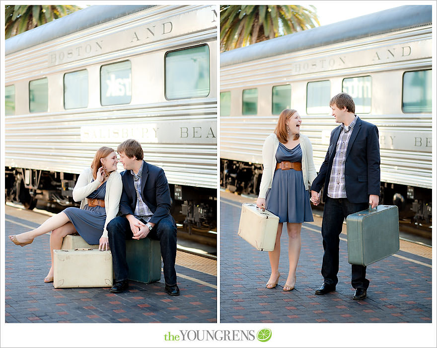travel themed engagement session, san diego engagement session, engagement session with suitcases, san diego downtown engagement session, train station engagement session