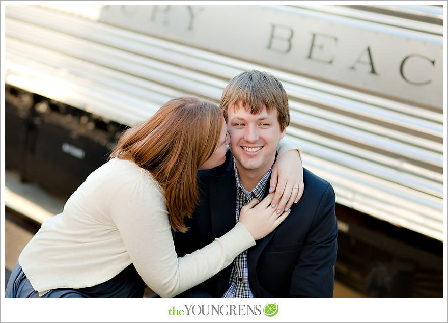 travel themed engagement session, san diego engagement session, engagement session with suitcases, san diego downtown engagement session, train station engagement session