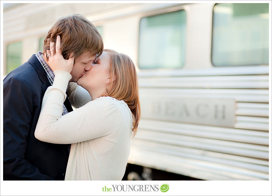 travel themed engagement session, san diego engagement session, engagement session with suitcases, san diego downtown engagement session, train station engagement session