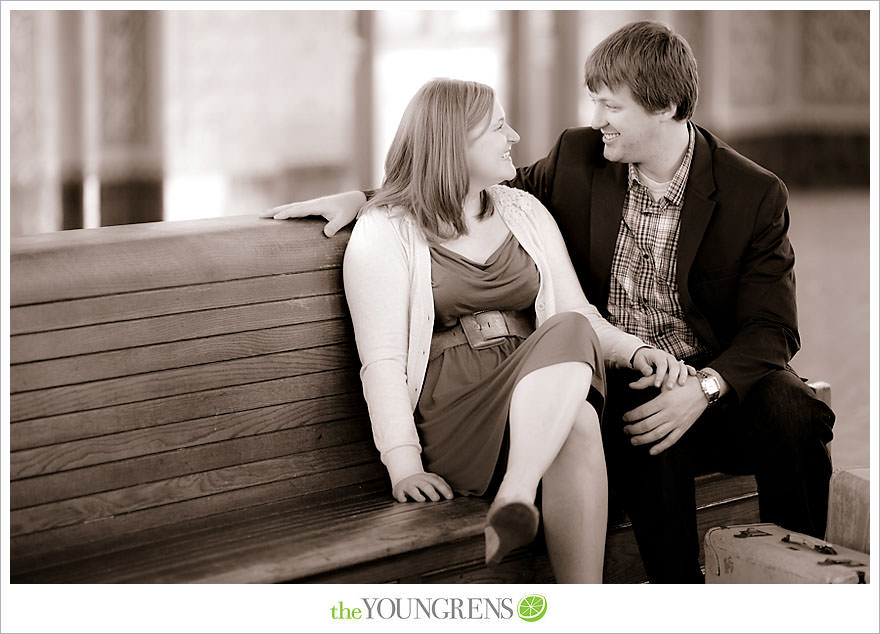 travel themed engagement session, san diego engagement session, engagement session with suitcases, san diego downtown engagement session, train station engagement session