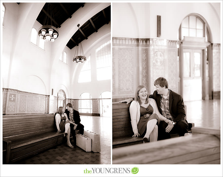 travel themed engagement session, san diego engagement session, engagement session with suitcases, san diego downtown engagement session, train station engagement session