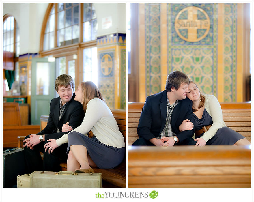 travel themed engagement session, san diego engagement session, engagement session with suitcases, san diego downtown engagement session, train station engagement session