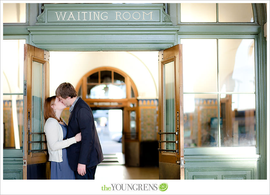 travel themed engagement session, san diego engagement session, engagement session with suitcases, san diego downtown engagement session, train station engagement session