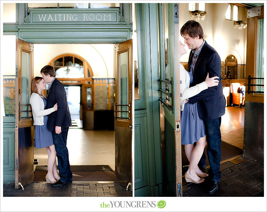 travel themed engagement session, san diego engagement session, engagement session with suitcases, san diego downtown engagement session, train station engagement session