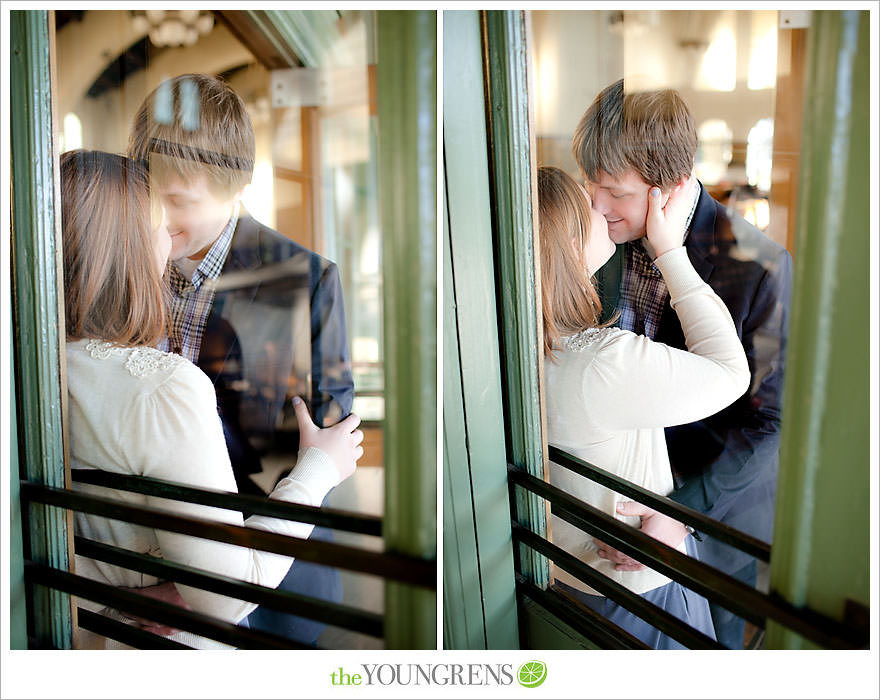 travel themed engagement session, san diego engagement session, engagement session with suitcases, san diego downtown engagement session, train station engagement session