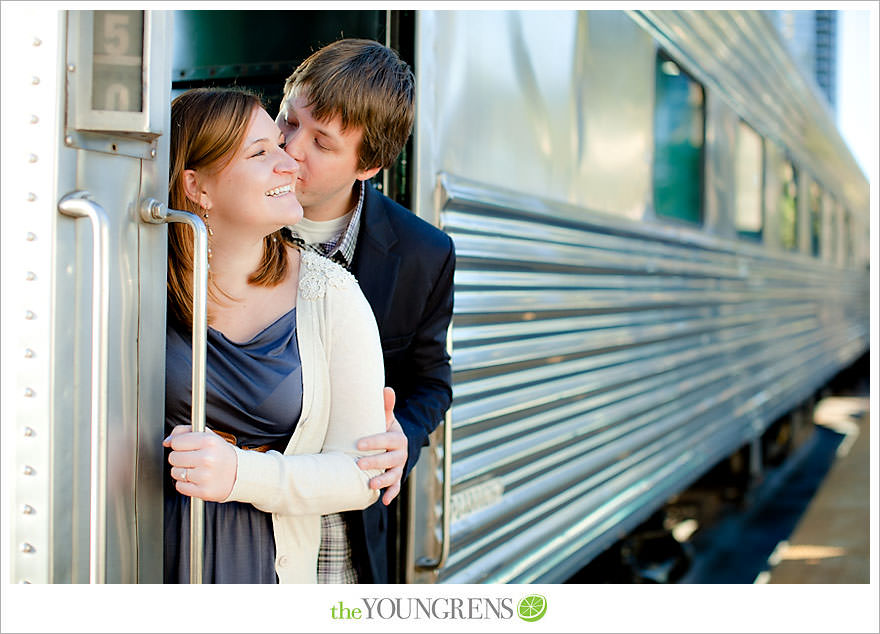 travel themed engagement session, san diego engagement session, engagement session with suitcases, san diego downtown engagement session, train station engagement session