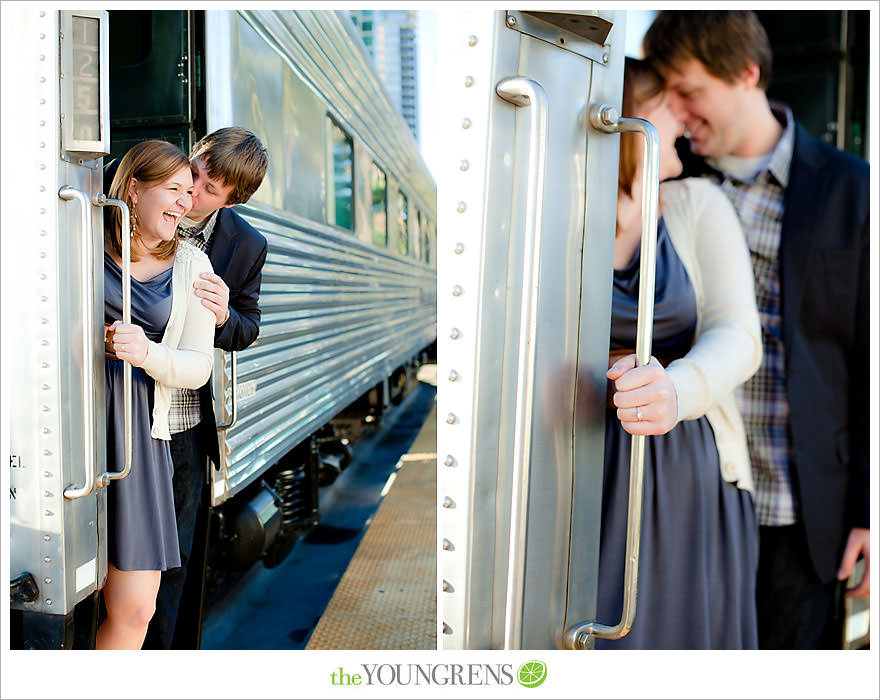 travel themed engagement session, san diego engagement session, engagement session with suitcases, san diego downtown engagement session, train station engagement session