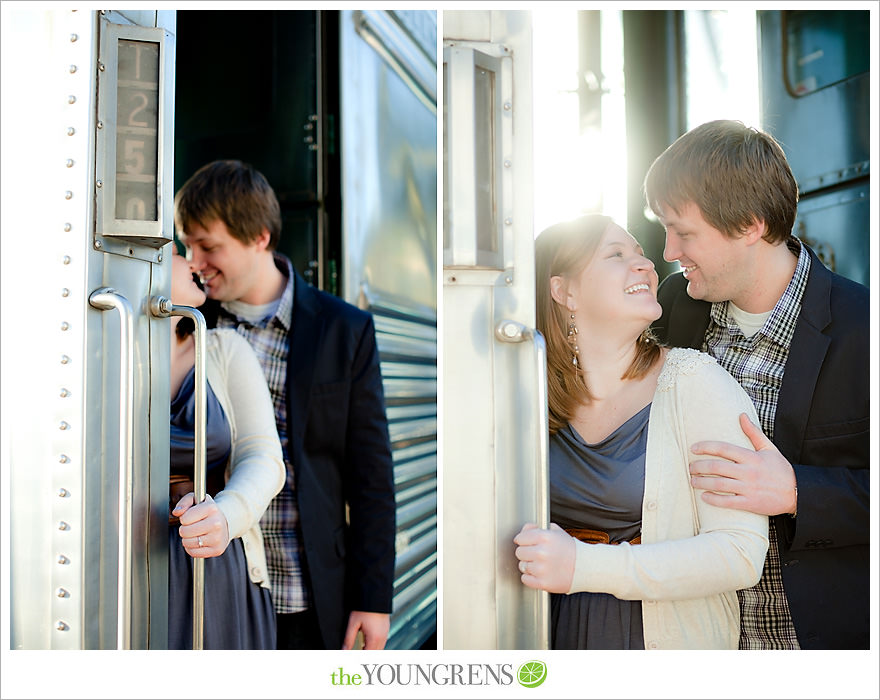 travel themed engagement session, san diego engagement session, engagement session with suitcases, san diego downtown engagement session, train station engagement session