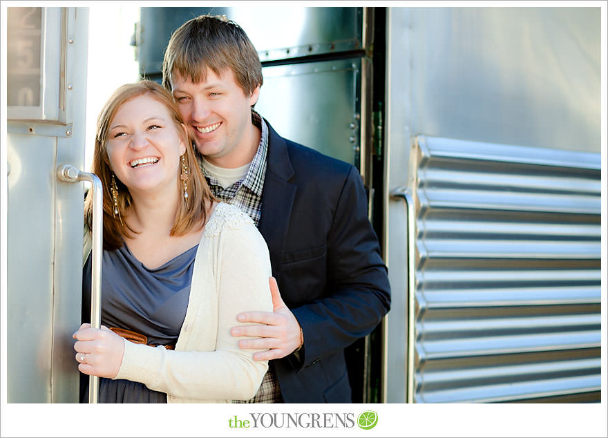 travel themed engagement session, san diego engagement session, engagement session with suitcases, san diego downtown engagement session, train station engagement session