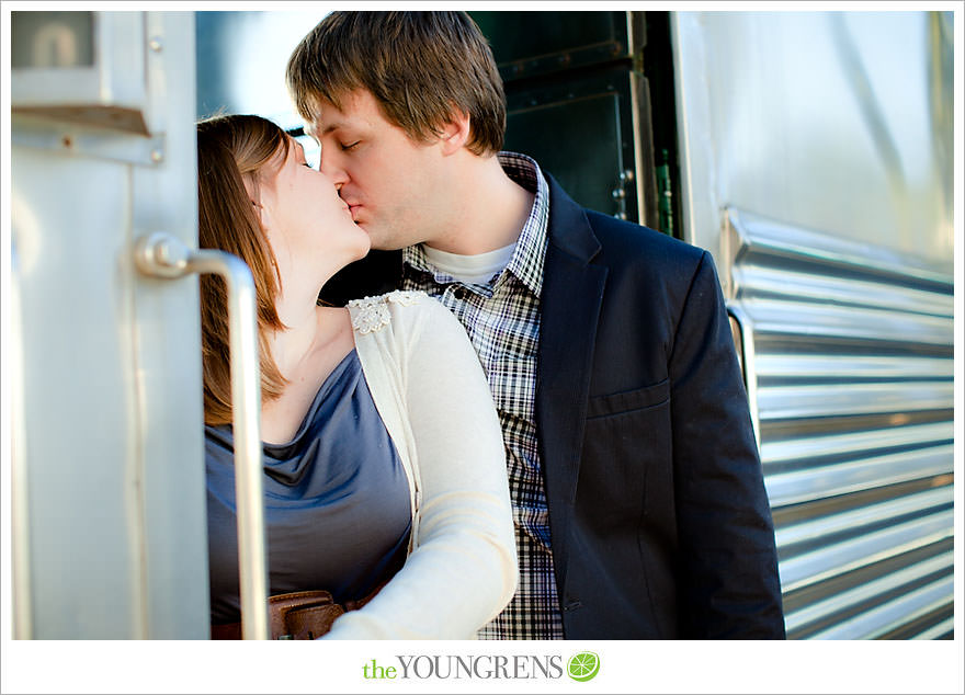 travel themed engagement session, san diego engagement session, engagement session with suitcases, san diego downtown engagement session, train station engagement session