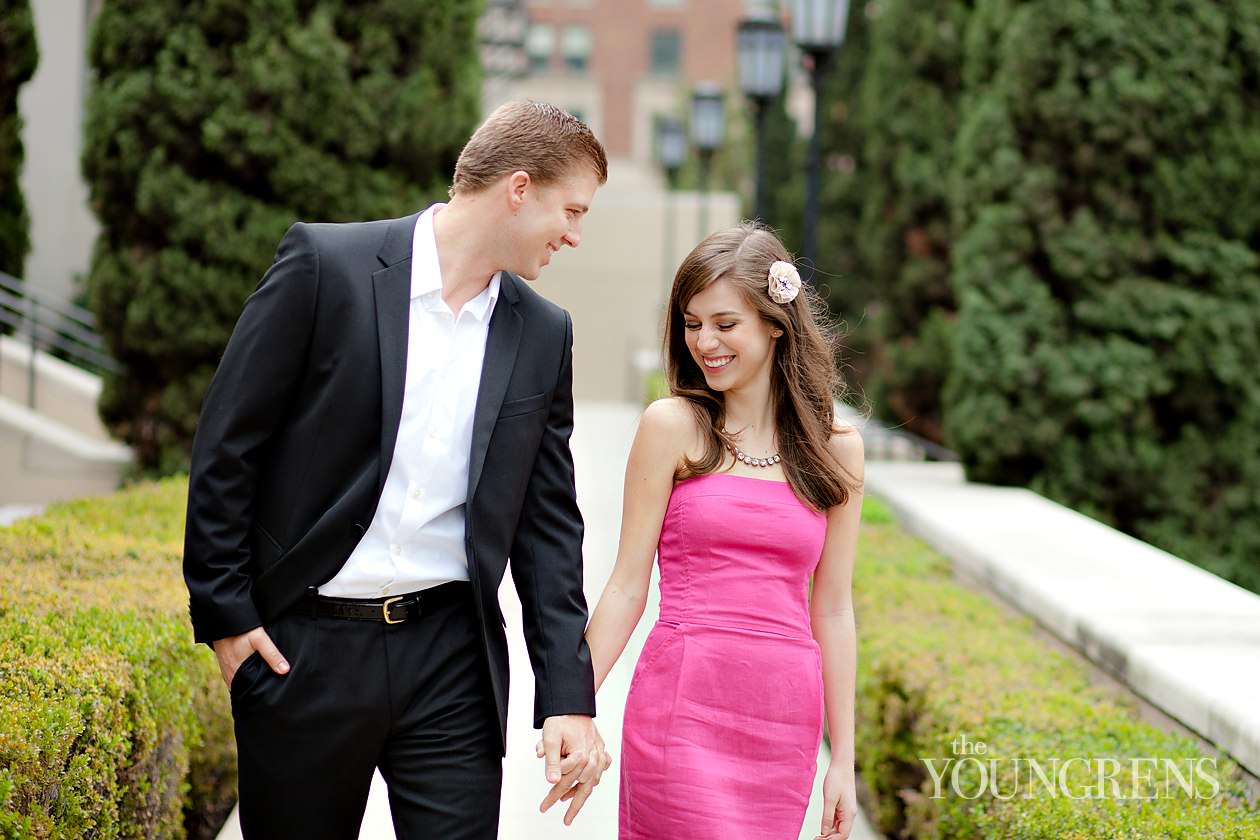 Los Angeles engagement, downtown Los Angeles engagement, enagagement at Los Angeles central library, library engagement, urban engagement, pink engagement, engagement with flowers, downtown engagement session