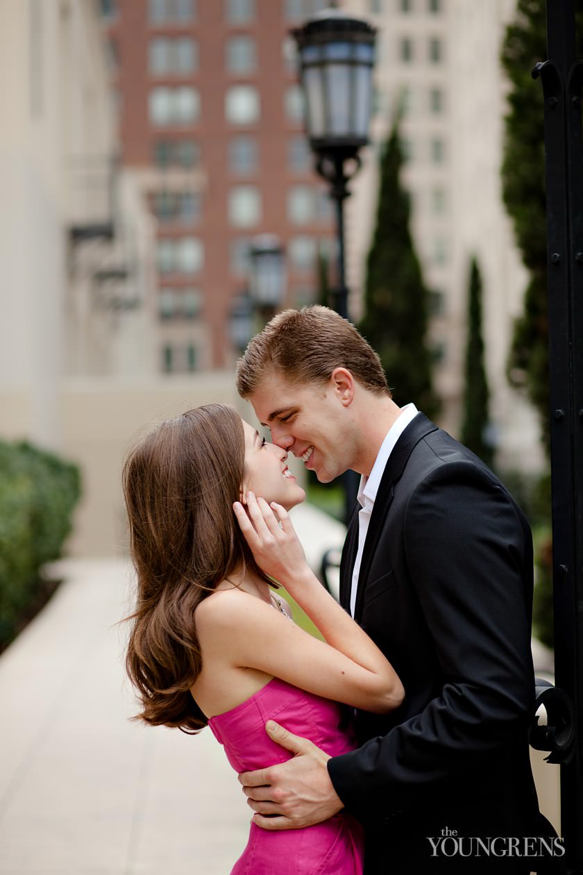 Los Angeles engagement, downtown Los Angeles engagement, enagagement at Los Angeles central library, library engagement, urban engagement, pink engagement, engagement with flowers, downtown engagement session