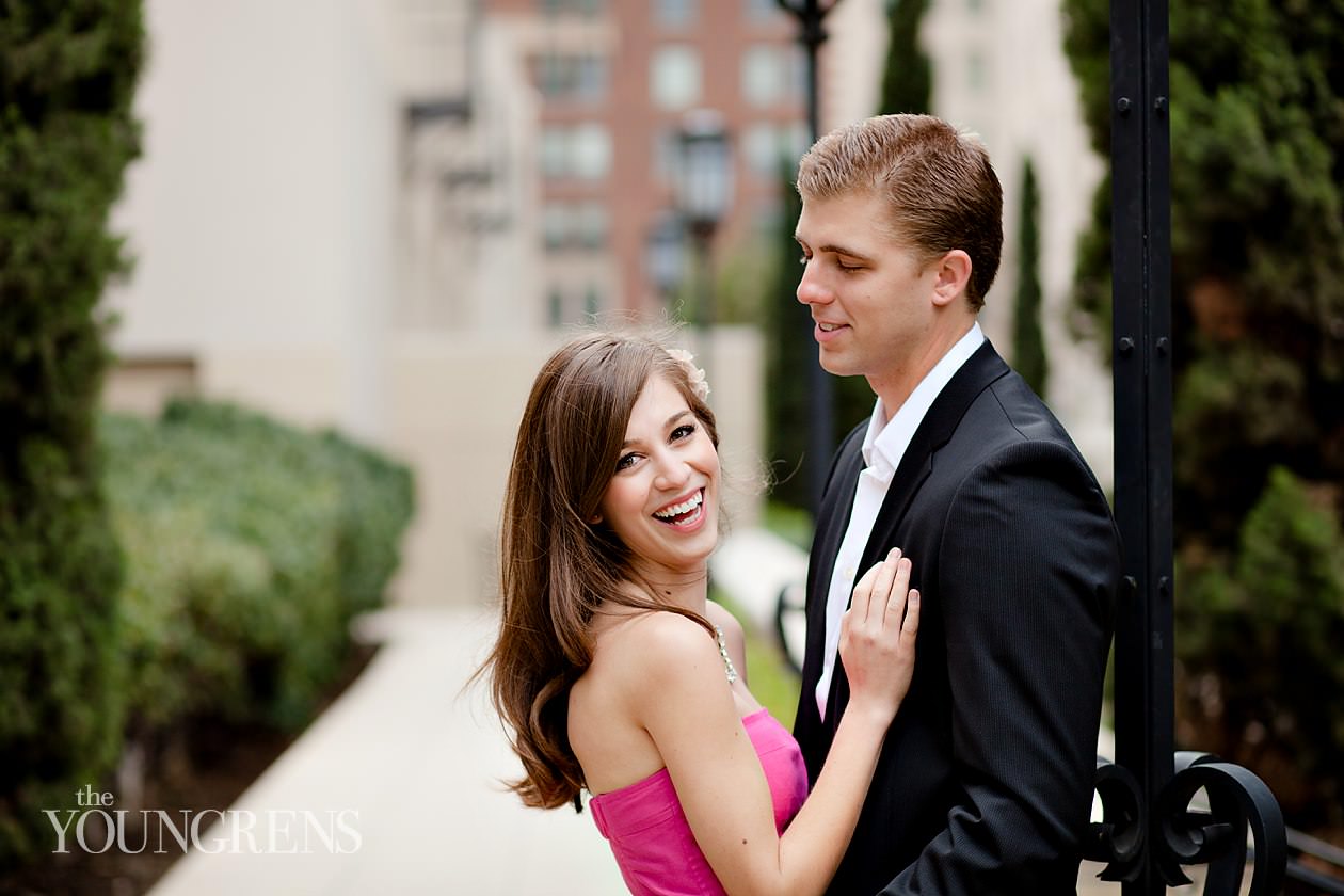 Los Angeles engagement, downtown Los Angeles engagement, enagagement at Los Angeles central library, library engagement, urban engagement, pink engagement, engagement with flowers, downtown engagement session