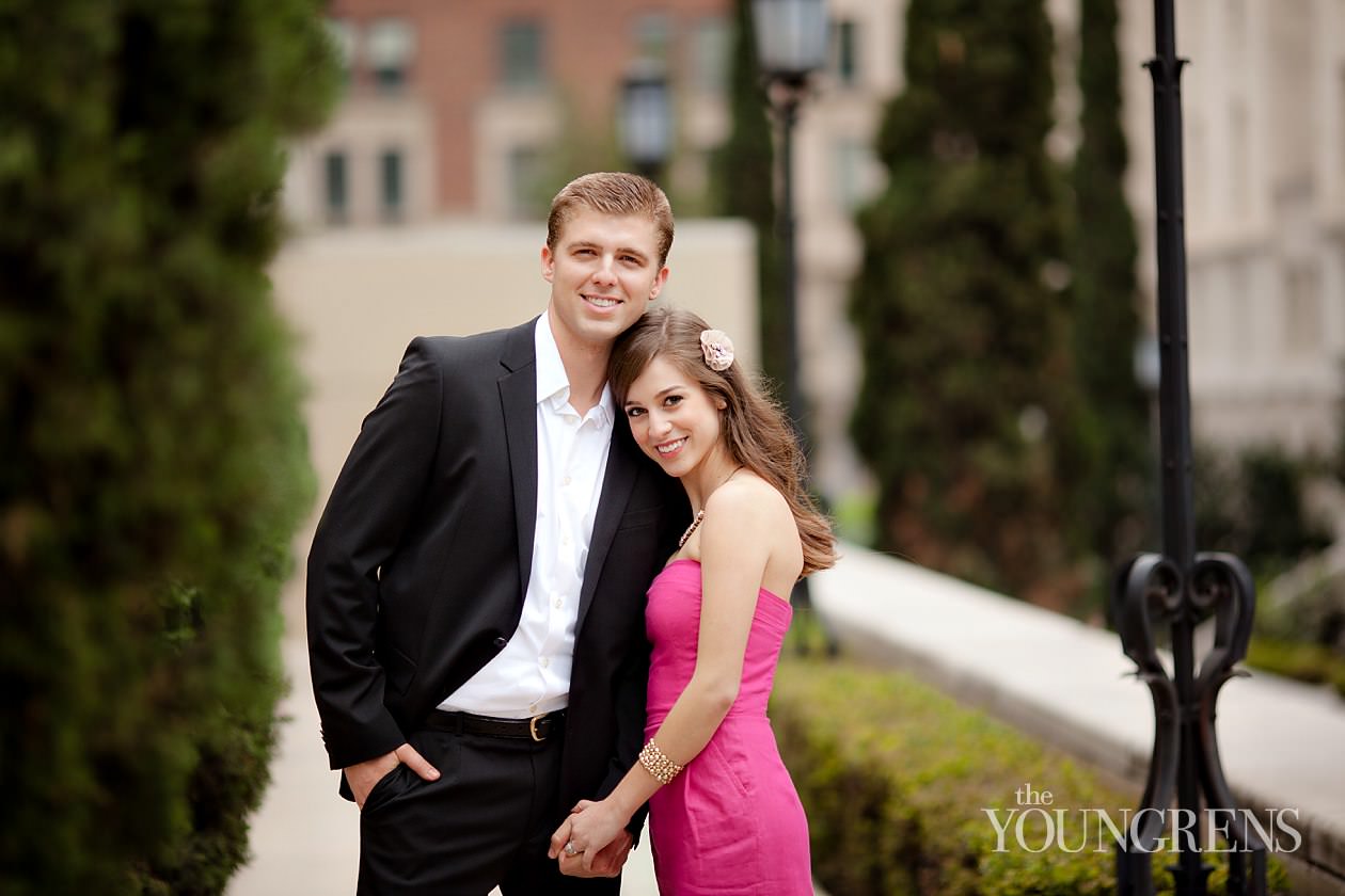 Los Angeles engagement, downtown Los Angeles engagement, enagagement at Los Angeles central library, library engagement, urban engagement, pink engagement, engagement with flowers, downtown engagement session