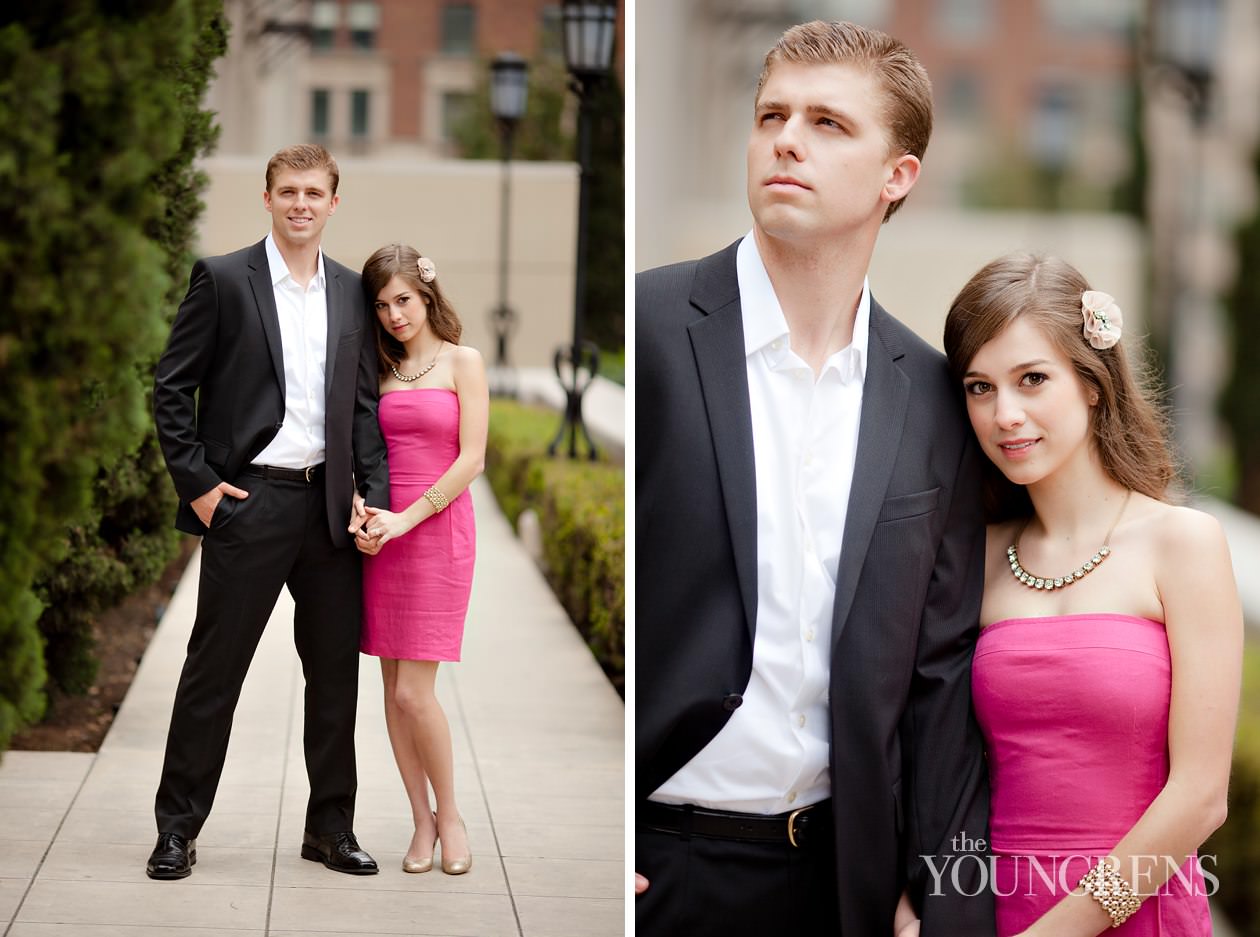 Los Angeles engagement, downtown Los Angeles engagement, enagagement at Los Angeles central library, library engagement, urban engagement, pink engagement, engagement with flowers, downtown engagement session