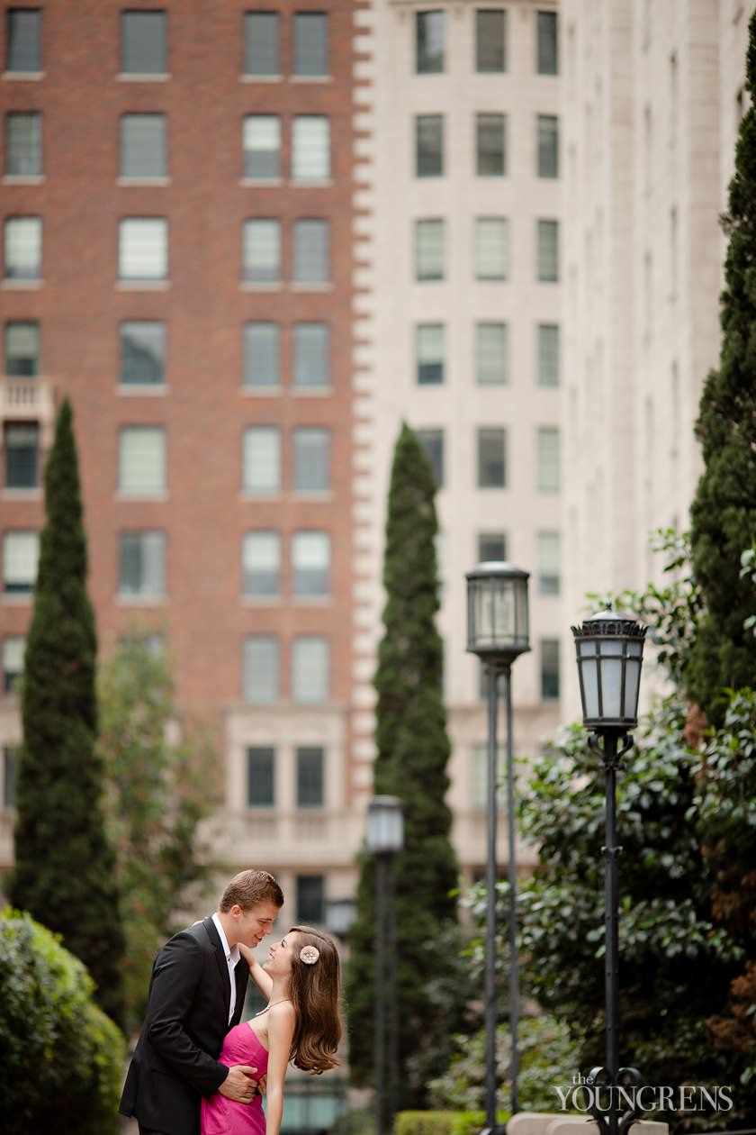 Los Angeles engagement, downtown Los Angeles engagement, enagagement at Los Angeles central library, library engagement, urban engagement, pink engagement, engagement with flowers, downtown engagement session