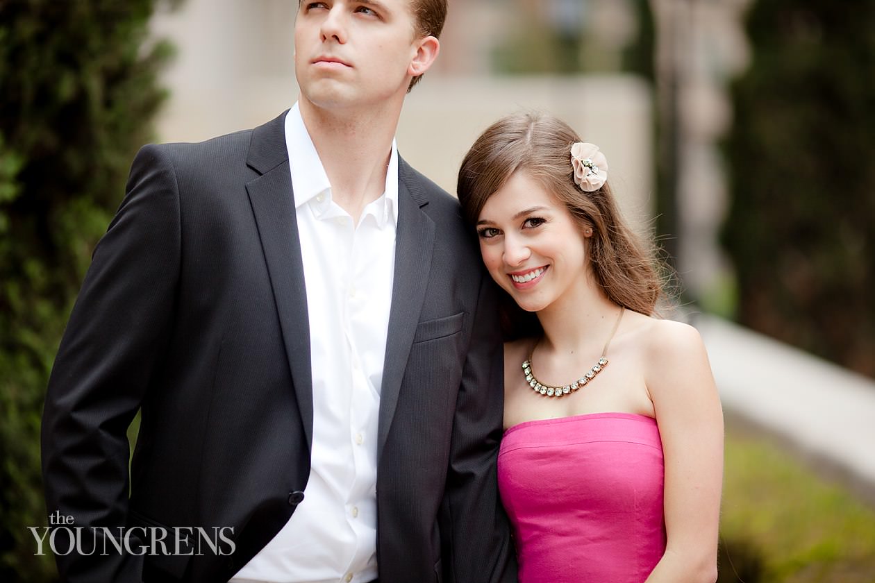 Los Angeles engagement, downtown Los Angeles engagement, enagagement at Los Angeles central library, library engagement, urban engagement, pink engagement, engagement with flowers, downtown engagement session