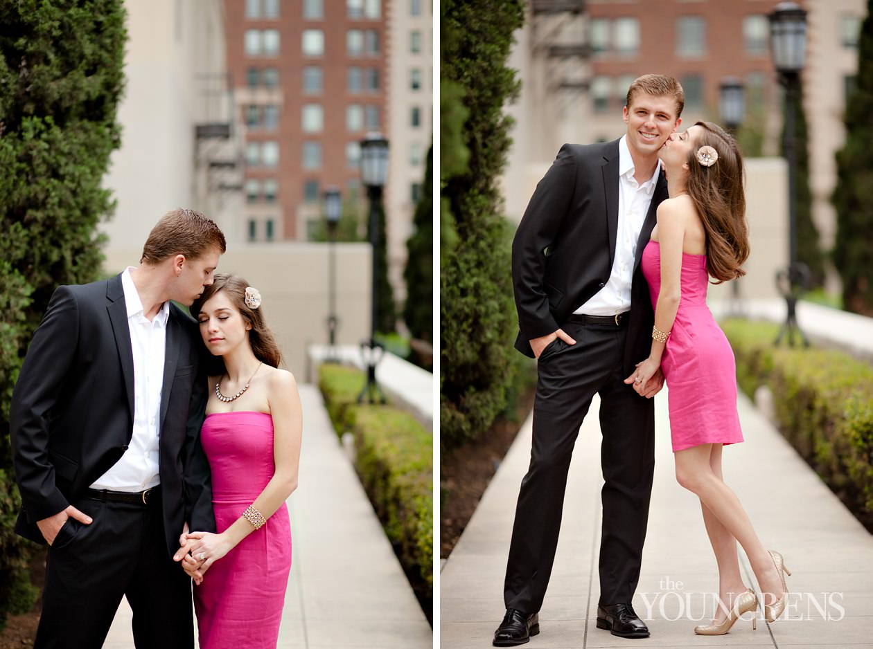 Los Angeles engagement, downtown Los Angeles engagement, enagagement at Los Angeles central library, library engagement, urban engagement, pink engagement, engagement with flowers, downtown engagement session