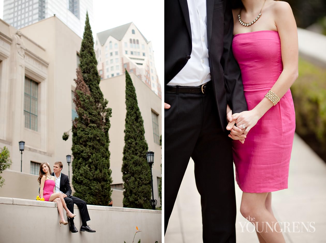 Los Angeles engagement, downtown Los Angeles engagement, enagagement at Los Angeles central library, library engagement, urban engagement, pink engagement, engagement with flowers, downtown engagement session