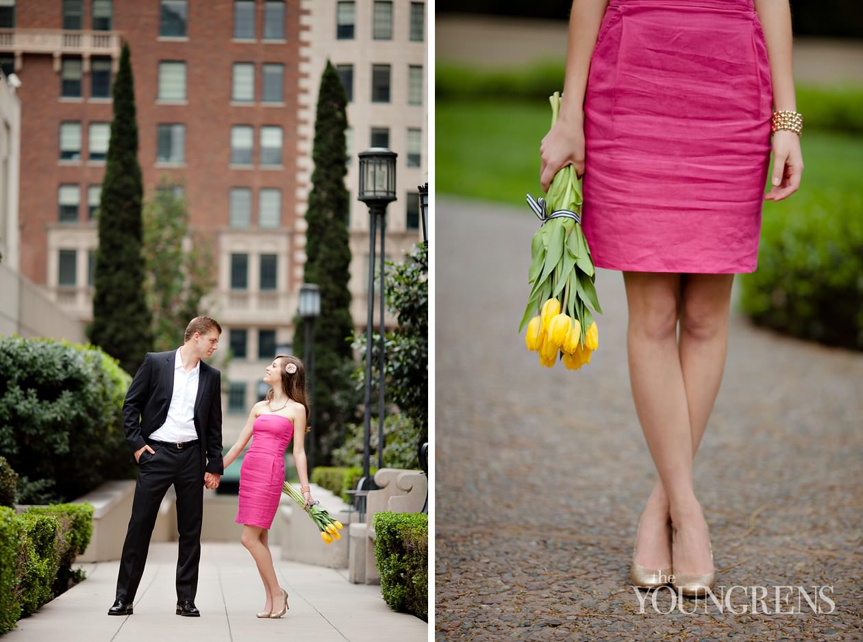 Los Angeles engagement, downtown Los Angeles engagement, enagagement at Los Angeles central library, library engagement, urban engagement, pink engagement, engagement with flowers, downtown engagement session