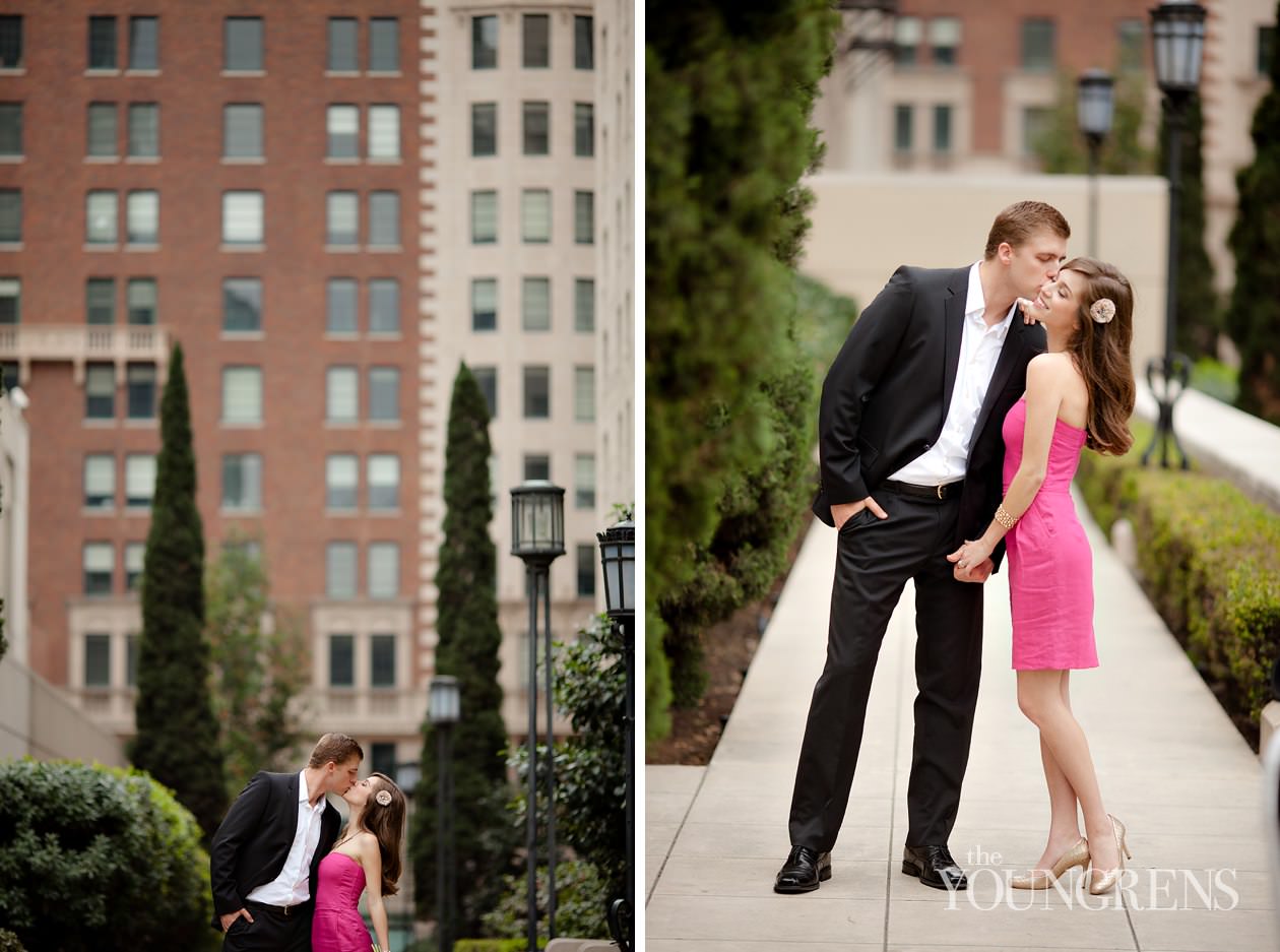 Los Angeles engagement, downtown Los Angeles engagement, enagagement at Los Angeles central library, library engagement, urban engagement, pink engagement, engagement with flowers, downtown engagement session