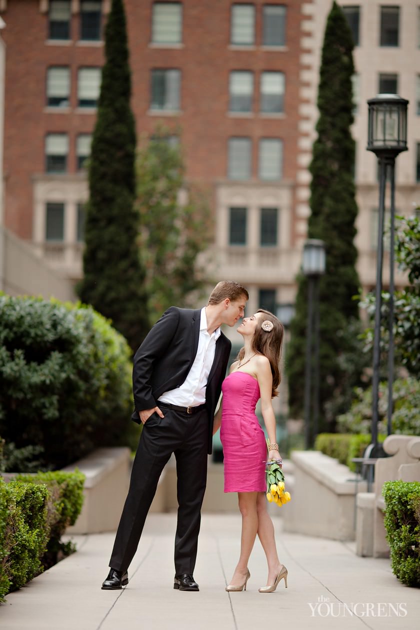 Los Angeles engagement, downtown Los Angeles engagement, enagagement at Los Angeles central library, library engagement, urban engagement, pink engagement, engagement with flowers, downtown engagement session