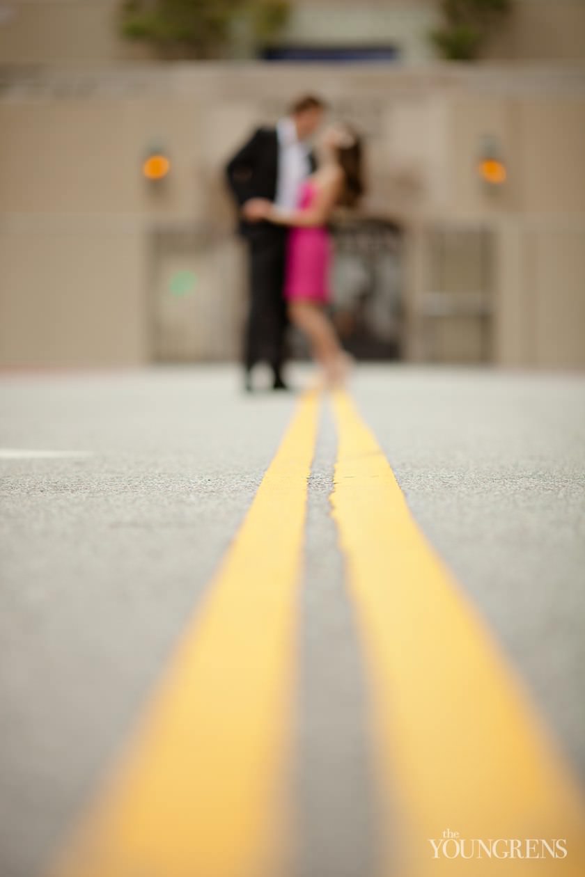 Los Angeles engagement, downtown Los Angeles engagement, enagagement at Los Angeles central library, library engagement, urban engagement, pink engagement, engagement with flowers, downtown engagement session