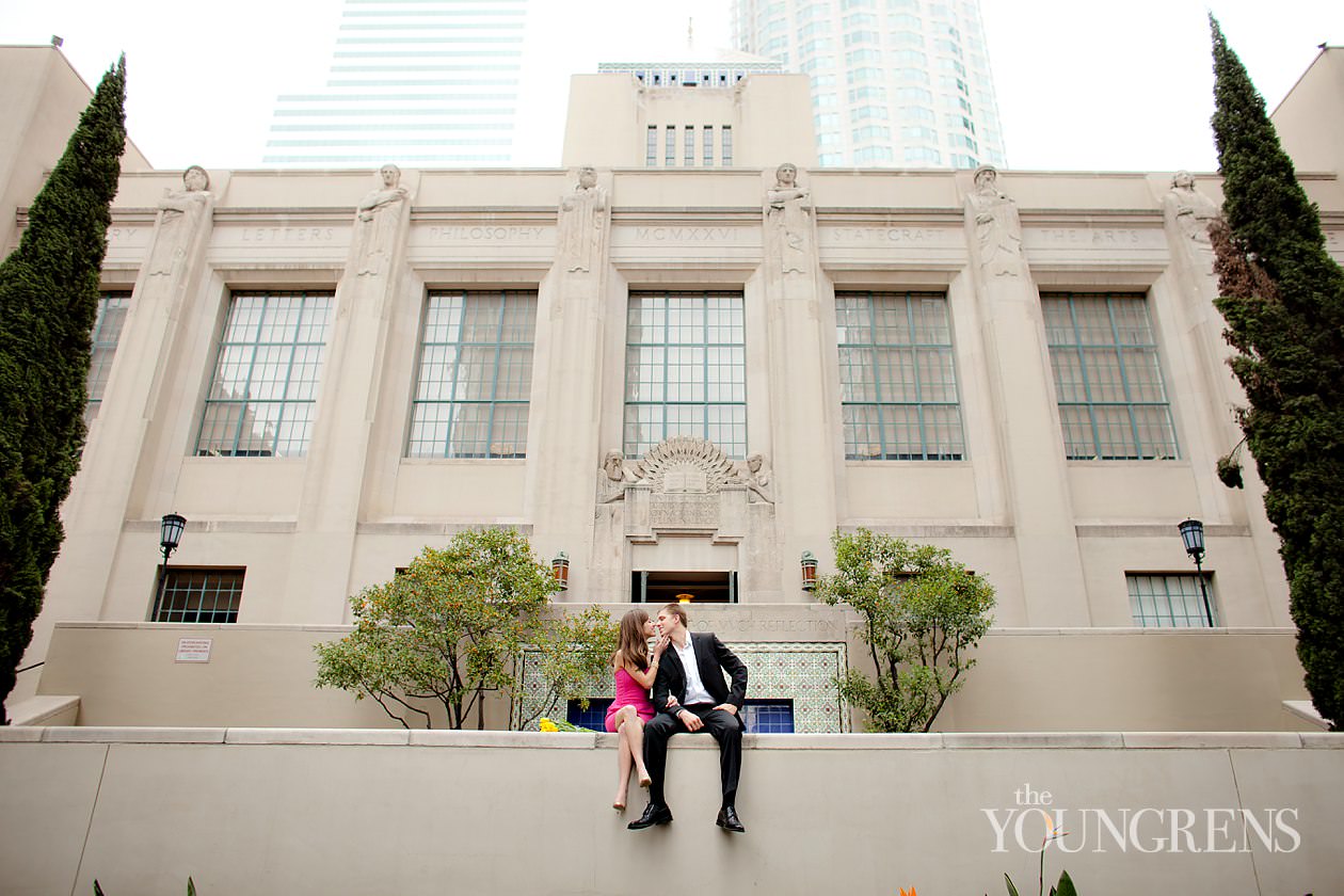 Los Angeles engagement, downtown Los Angeles engagement, enagagement at Los Angeles central library, library engagement, urban engagement, pink engagement, engagement with flowers, downtown engagement session