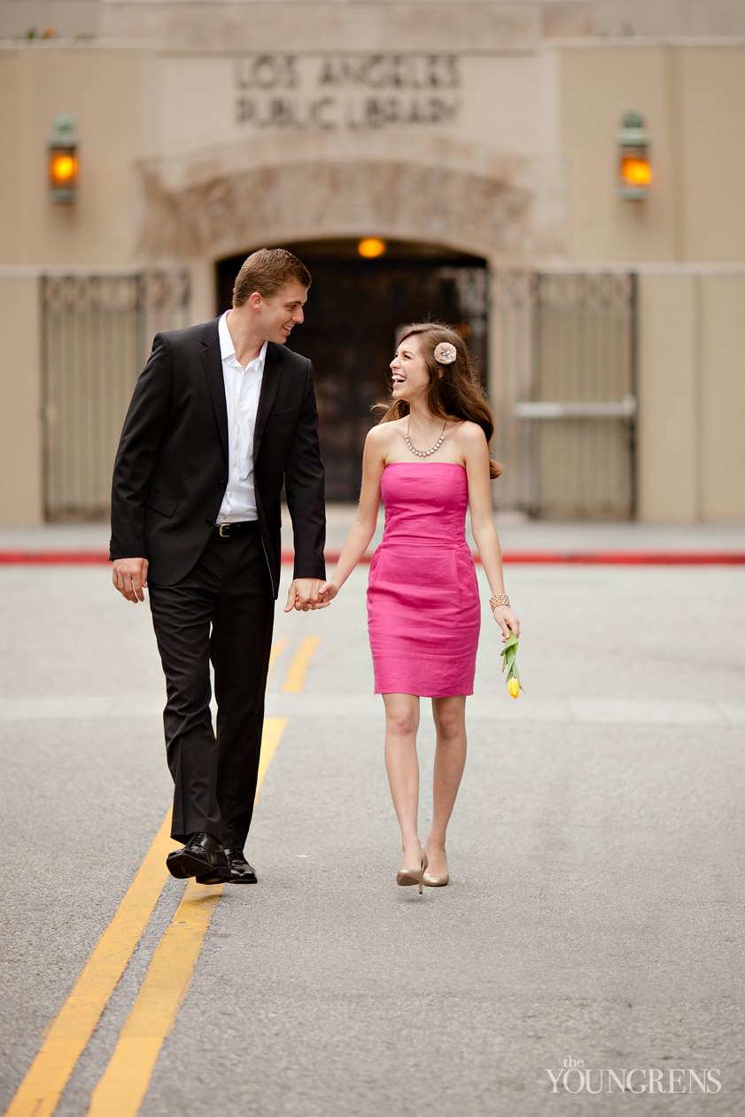 Los Angeles engagement, downtown Los Angeles engagement, enagagement at Los Angeles central library, library engagement, urban engagement, pink engagement, engagement with flowers, downtown engagement session