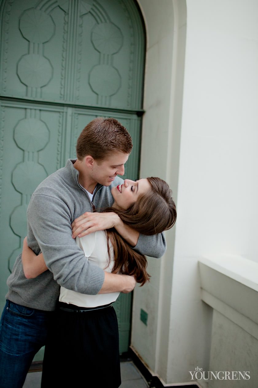 Los Angeles engagement, downtown Los Angeles engagement, enagagement at Los Angeles central library, library engagement, urban engagement, pink engagement, engagement with flowers, downtown engagement session