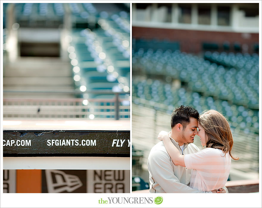 San Francisco engagement, Giants Stadium engagement, engagement session at AT&T Park, baseball engagement, engagement session in San Francisco, Major League Baseball engagement, MLB engagement, baseball stadium engagement, Giants baseball engagement, San Francisco Giants engagement, engagement session with Giants fans, engagement session inside Giants Stadium, engagement session inside AT&T park