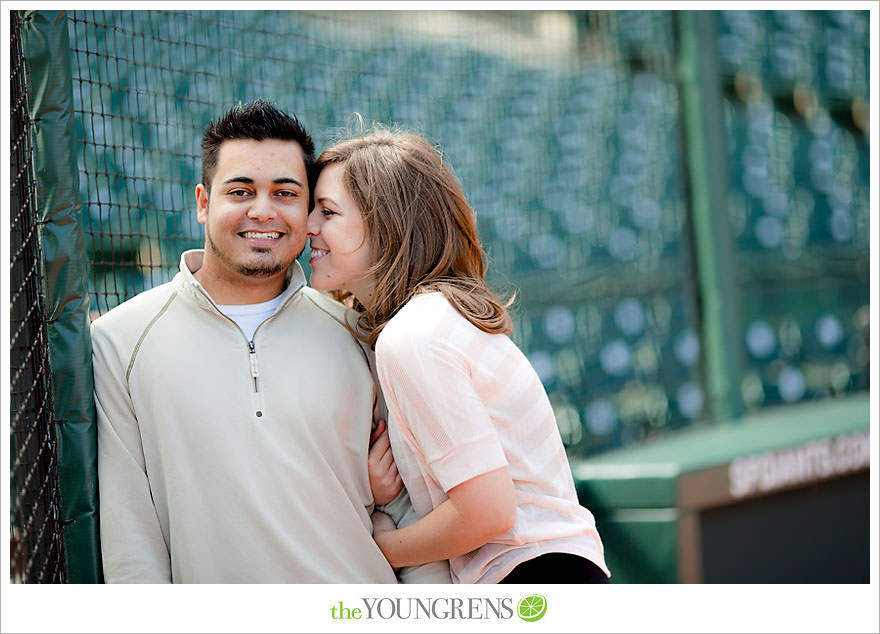 San Francisco engagement, Giants Stadium engagement, engagement session at AT&T Park, baseball engagement, engagement session in San Francisco, Major League Baseball engagement, MLB engagement, baseball stadium engagement, Giants baseball engagement, San Francisco Giants engagement, engagement session with Giants fans, engagement session inside Giants Stadium, engagement session inside AT&T park