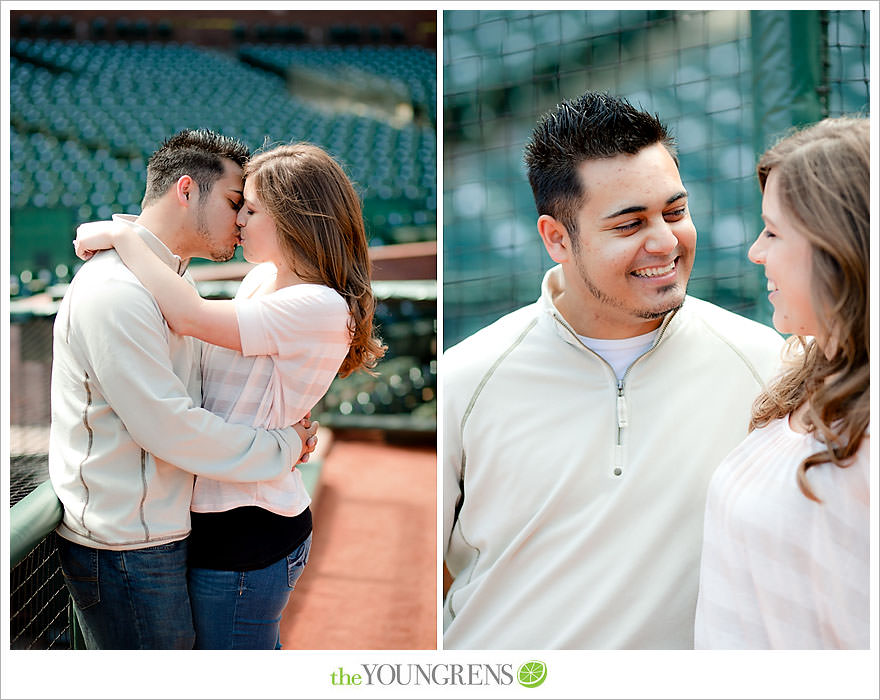 San Francisco engagement, Giants Stadium engagement, engagement session at AT&T Park, baseball engagement, engagement session in San Francisco, Major League Baseball engagement, MLB engagement, baseball stadium engagement, Giants baseball engagement, San Francisco Giants engagement, engagement session with Giants fans, engagement session inside Giants Stadium, engagement session inside AT&T park