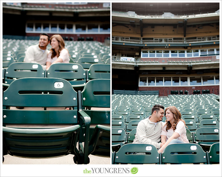 San Francisco engagement, Giants Stadium engagement, engagement session at AT&T Park, baseball engagement, engagement session in San Francisco, Major League Baseball engagement, MLB engagement, baseball stadium engagement, Giants baseball engagement, San Francisco Giants engagement, engagement session with Giants fans, engagement session inside Giants Stadium, engagement session inside AT&T park