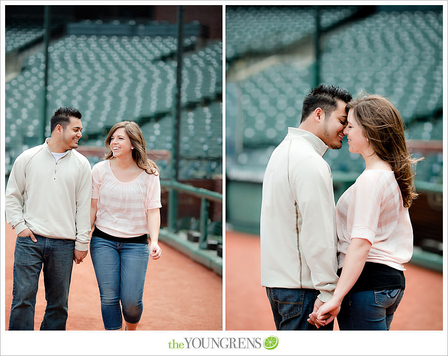 San Francisco engagement, Giants Stadium engagement, engagement session at AT&T Park, baseball engagement, engagement session in San Francisco, Major League Baseball engagement, MLB engagement, baseball stadium engagement, Giants baseball engagement, San Francisco Giants engagement, engagement session with Giants fans, engagement session inside Giants Stadium, engagement session inside AT&T park